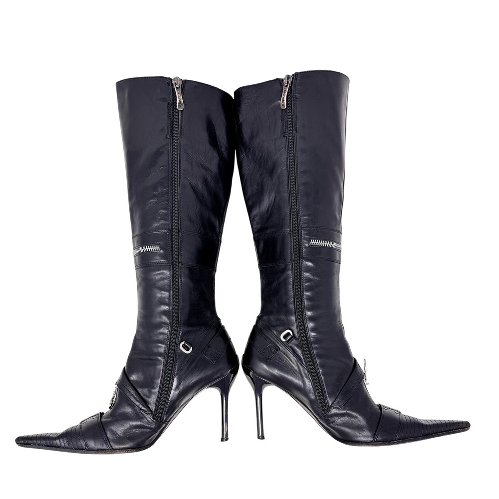 El Dantes Couture Y2K Studded Buckle Knee Stiletto Boots Black Leather EU 38 - Picture 3 of 15
